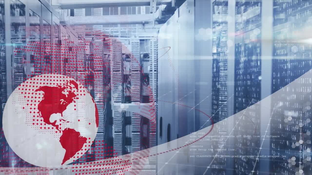 Animation of spinning globe, data processing and light spot against computer server room