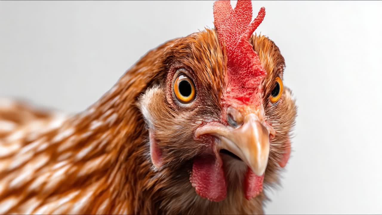 Cautivador primer plano de un llamativo gallo con intrigantes patrones de plumaje, mostrando sus características y expresiones únicas con un detalle impresionante.
