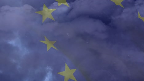 Animación-Digital-De-La-Lluvia-En-El-Cielo-Nocturno-Contra-La-Bandera-Ondeante-De-La-Ue