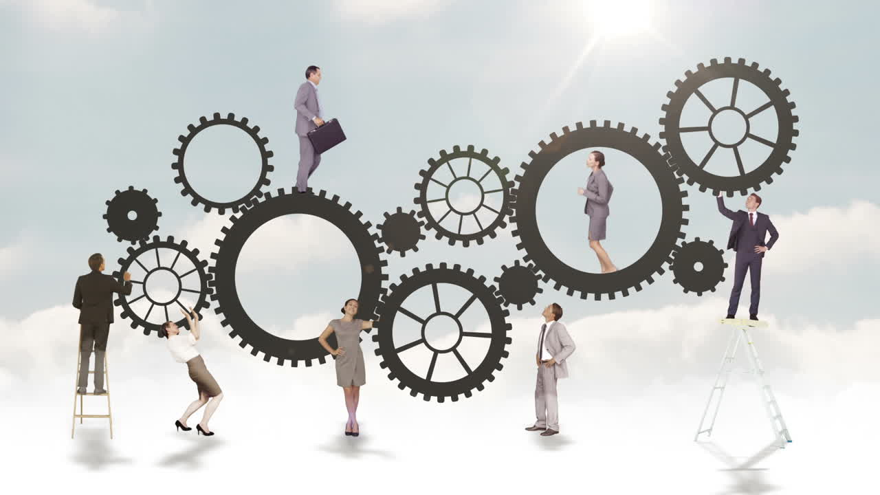 gente de negocios corriendo y girando engranajes