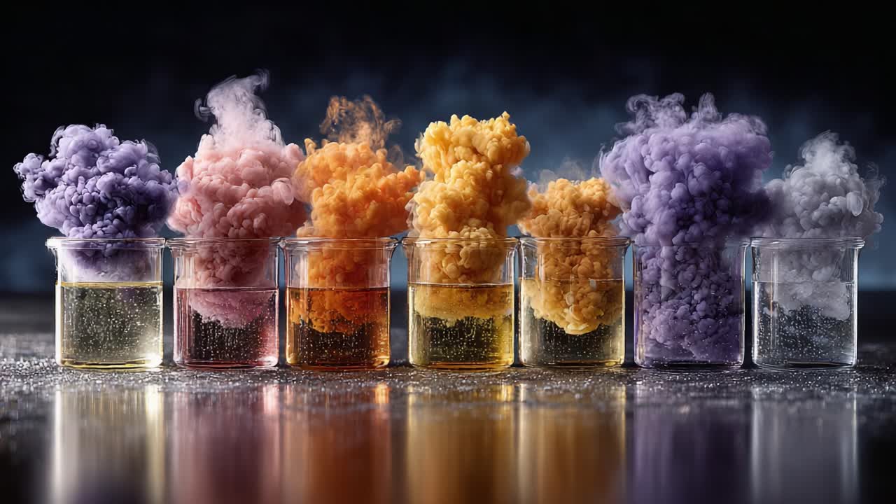 A Vibrant Discovery: Colorful Smoke Effects Emanating from Beakers Filled with Liquid in a Captivating Visual Display of Chemical Reactions