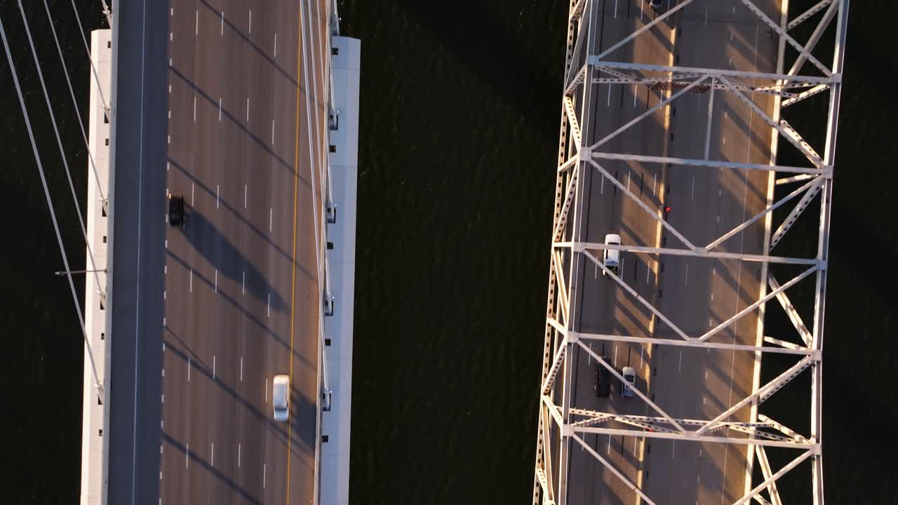 Top Down Drone Shot Above Twin Bridges crossing the Ohio River to Louisville, Kentucky