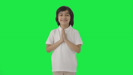 happy indian boy doing namaste green screen