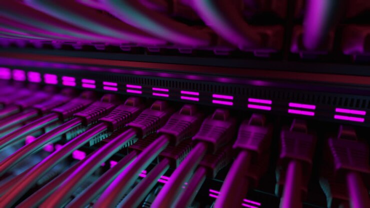 Internet Network Switch With Plugged Ethernet Cables.