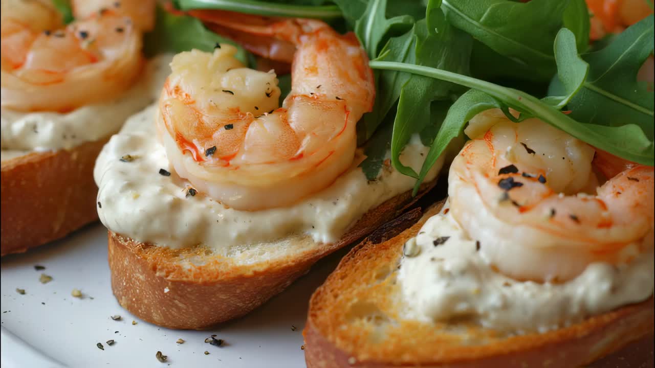 Close up of delicious shrimp canapes featuring toasted bread, creamy sauce, succulent shrimp, fresh arugula, and a sprinkle of black pepper for an elegant presentation