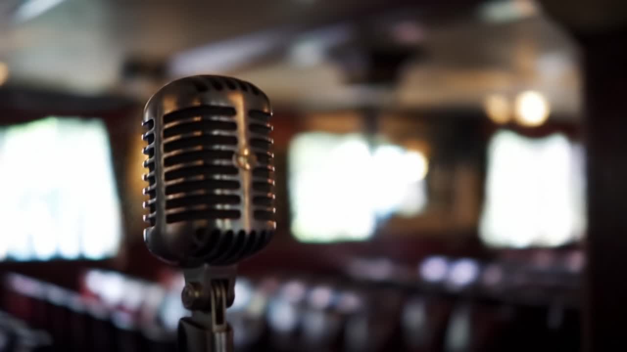 Vintage Microphone Set Against a Cozy Background, Capturing the Essence of Live Performances and Intimate Gatherings in a Warm Atmosphere