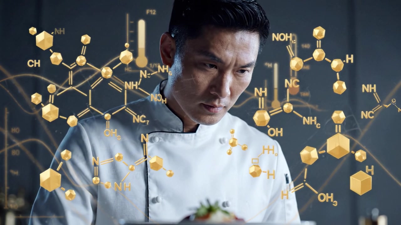 熟練したシェフが精巧に作られた料理を吟味する。美食に焦点を当てた革新的なキッチン環境で、料理芸術と科学的精度が融合されている。