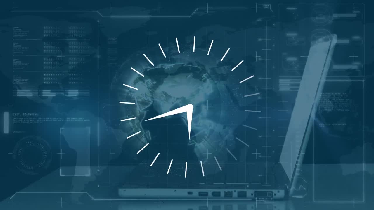 데이터 프로세싱, 글로브 및 노트북을 통해 움직이는 시계의 애니메이션