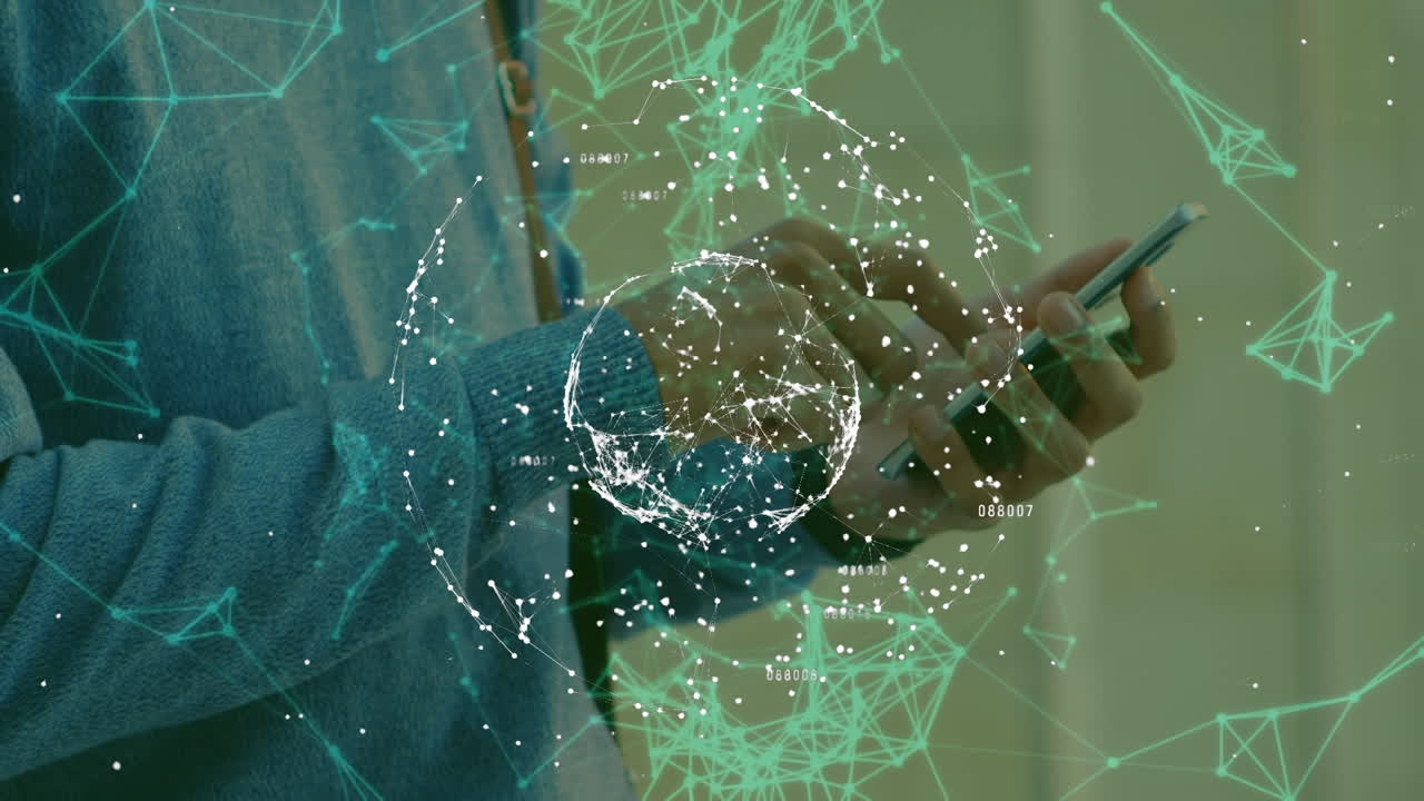 animación de globo y puntos que se conectan con líneas sobre la sección media del hombre utilizando un teléfono inteligente