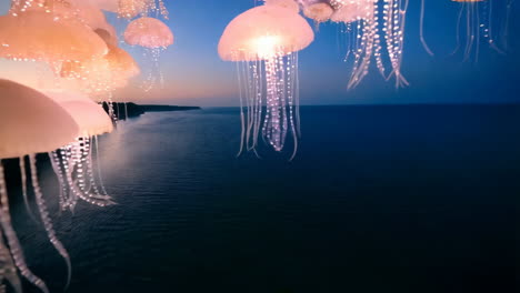 ethereal jellyfish light installation over the ocean at twilight