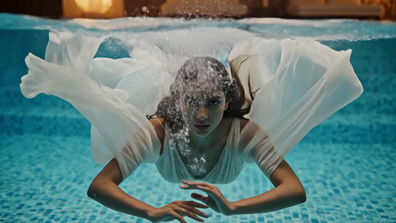 Woman in white dress underwater in a swimming pool
