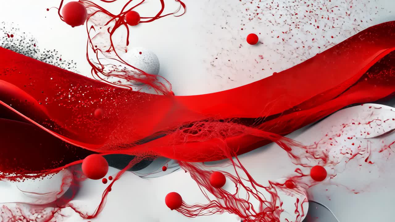 A red and white abstract painting with white and red spheres. The painting has a sense of movement and energy, with the red and white colors creating a dynamic contrast