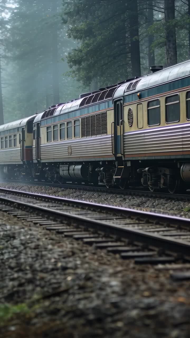 Vertical video: Rail train moving left past foggy forest, engine pulling cars for transit