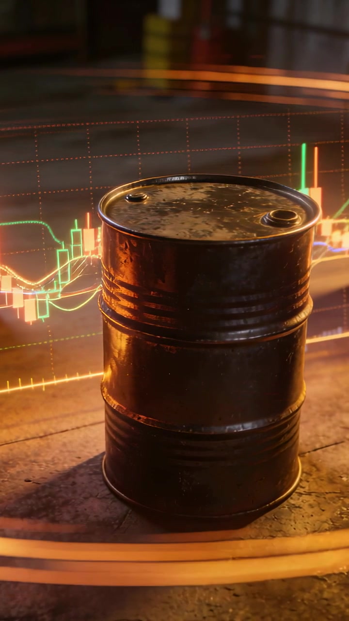 Vertikales Video: Animierte Diagramme pulsieren hinter einem zentrierten Ölfass in einem Lager, was den Marktpuls widerspiegelt.