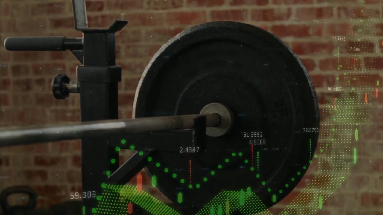 Camera pulling back triggers green data overlay mapping over loaded barbell, showing strength data