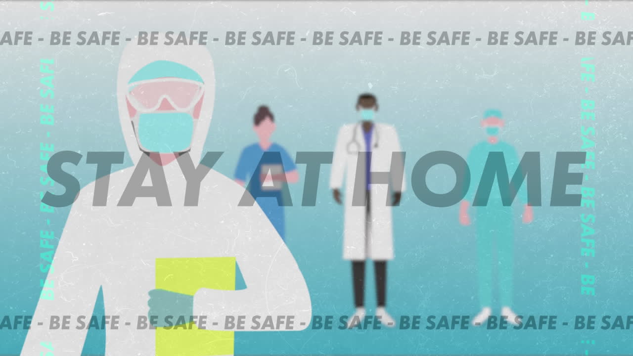 "집에 머무르세요, 안전하세요" 애니메이션에서 마스크를 쓴 과학자와 청색의 의료진이 등장합니다.