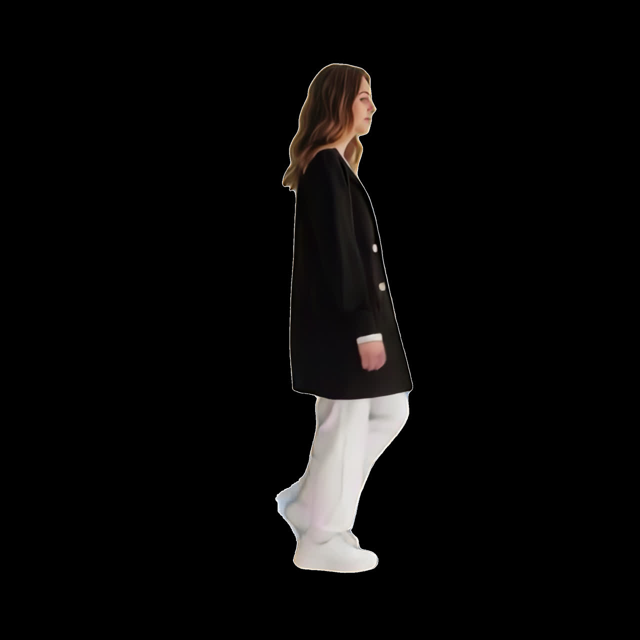 Woman in black blazer and white pants walking