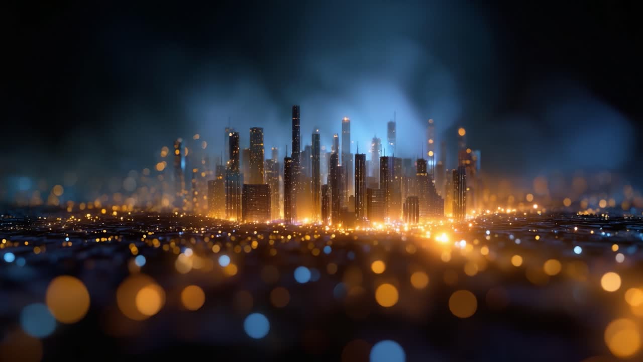 A Stunning View of a Futuristic City Skyline Illuminated by Golden Lights at Dusk, Surrounded by a Mysterious Atmospheric Glow and Soft Bokeh Effects