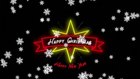 Animation-of-snow-falling-over-neon-decoration-and-happy-christmas-text-on-black-background