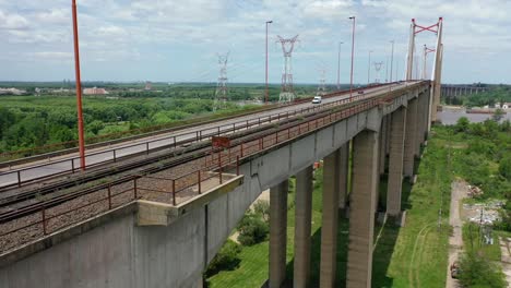 aerial drone view of the large zarate bridge work constructed with concrete material where vehicles cross safely in argentina