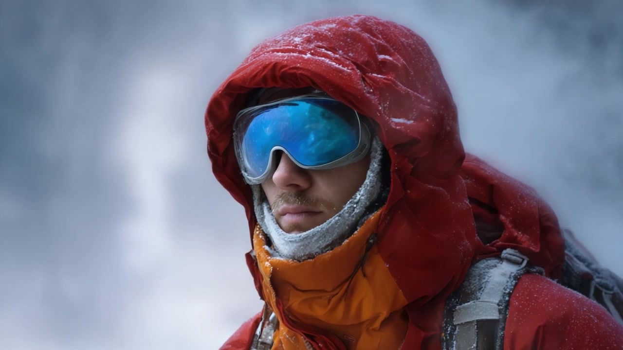 Un avventuriero determinato affronta la natura selvaggia ghiacciata, completamente equipaggiato con indumenti protettivi, mostrando resilienza contro le condizioni meteorologiche estreme in un paesaggio innevato mozzafiato
