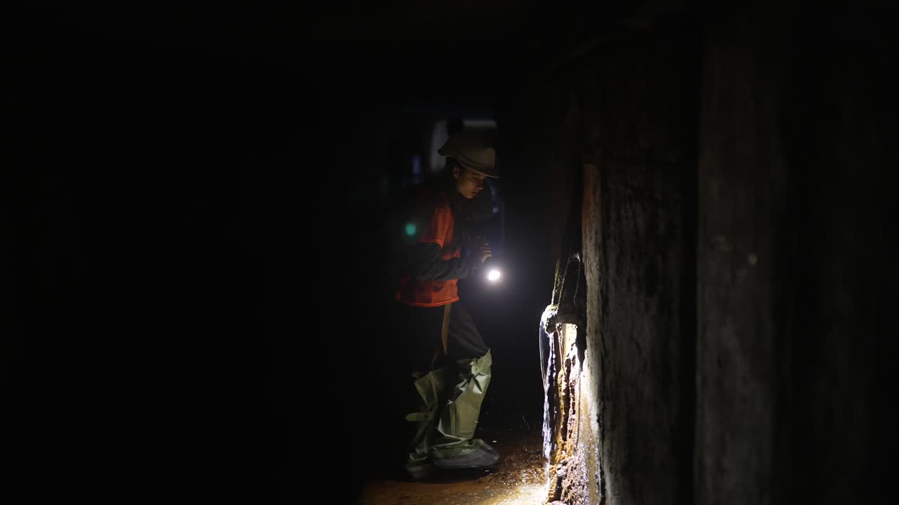 trabajador inspeccionando un túnel subterráneo