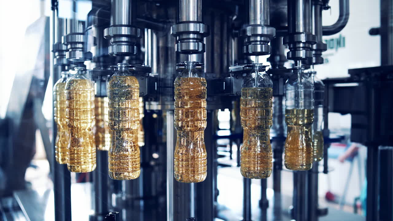 Automated production of oil in factory. Empty bottles are filling with golden liquid in the modern manufacture. Refined oil production.