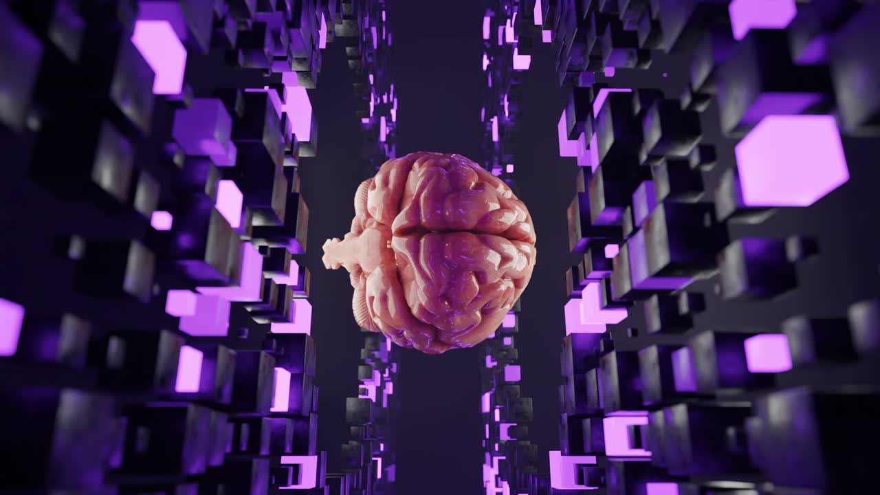 Human brain floating inside a tunnel of glowing purple cubic structures. Futuristic 3D digital illustration. Artificial intelligence and virtual reality concept. Design, banner, wallpaper, vertical