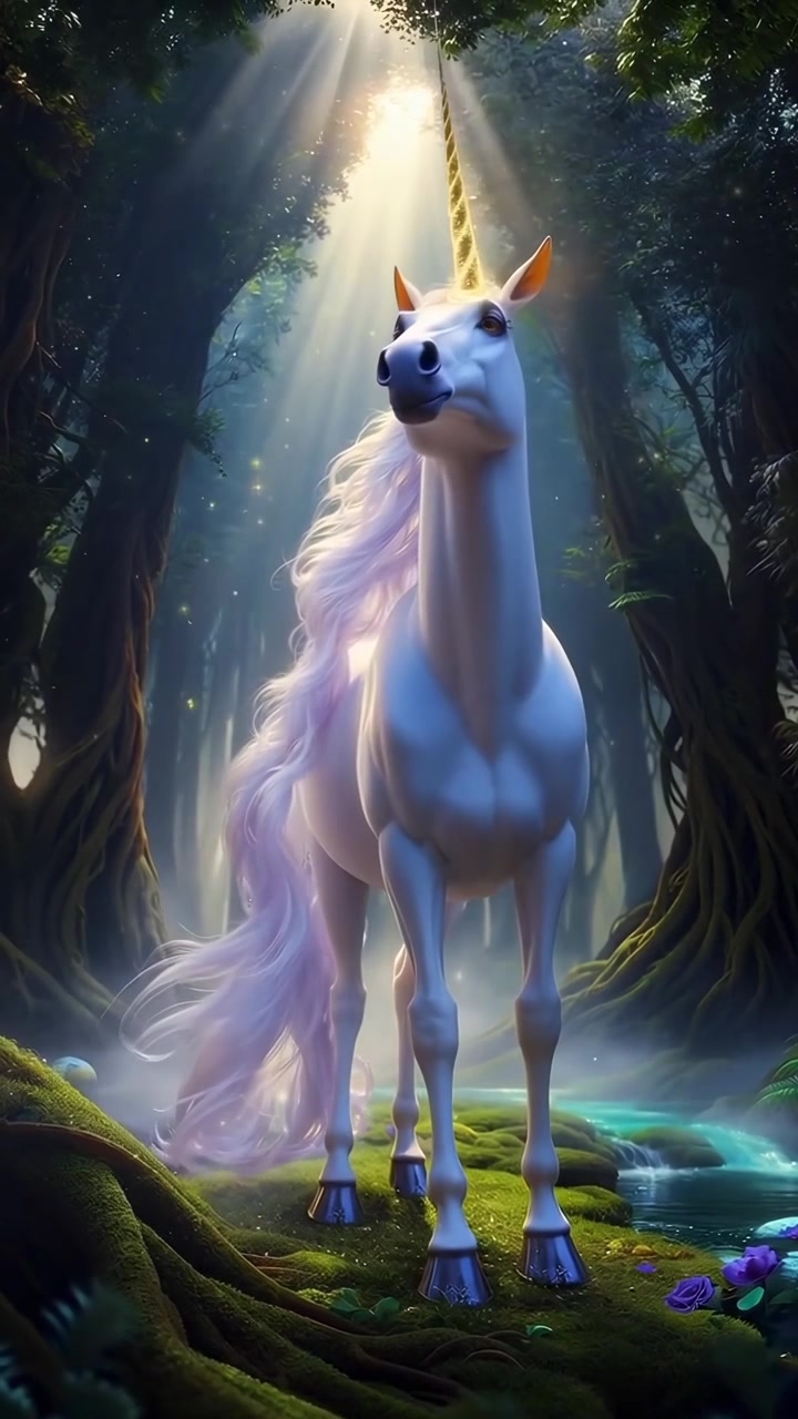 Ethereal White Unicorn Standing in a Sunlit Fantasy Forest
