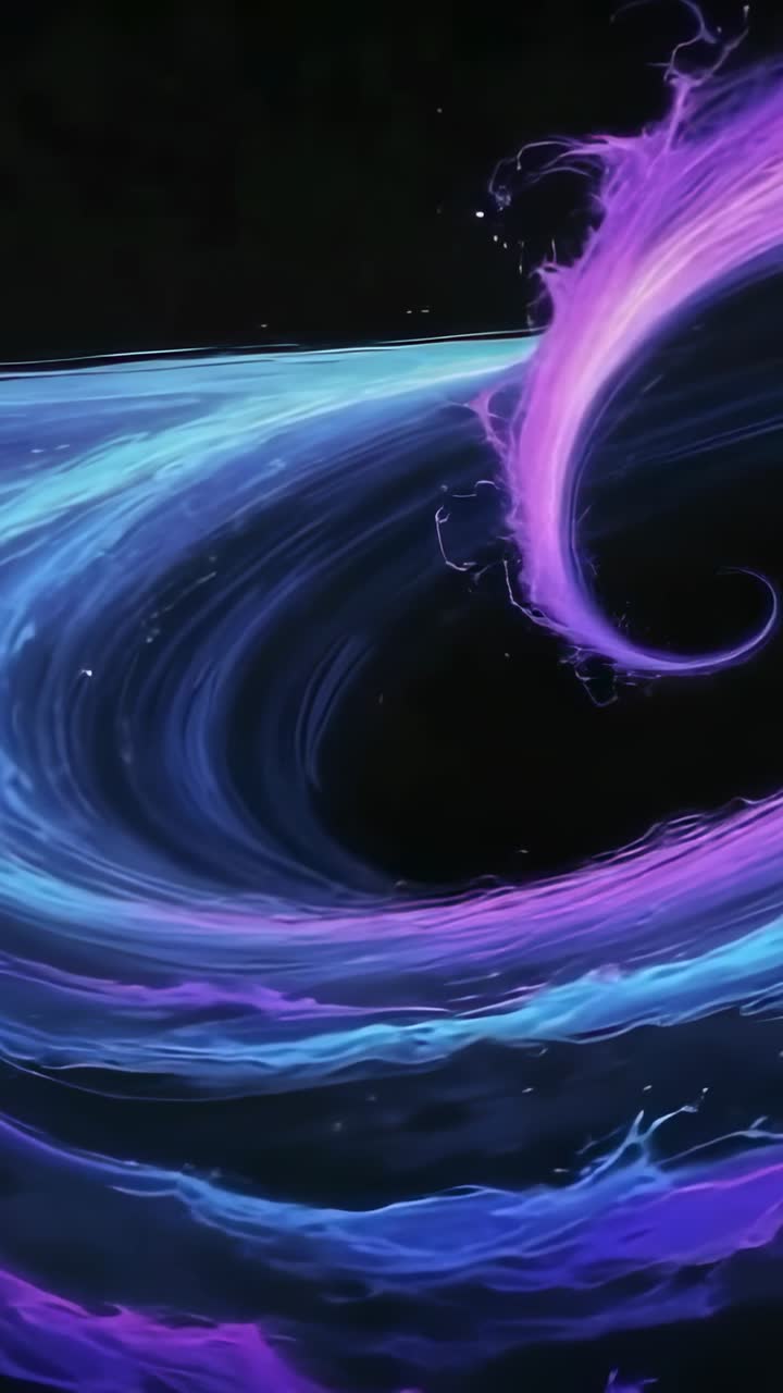 Vertical video: Entering blue energy flow from left curving in dark void, twisting with magenta arc