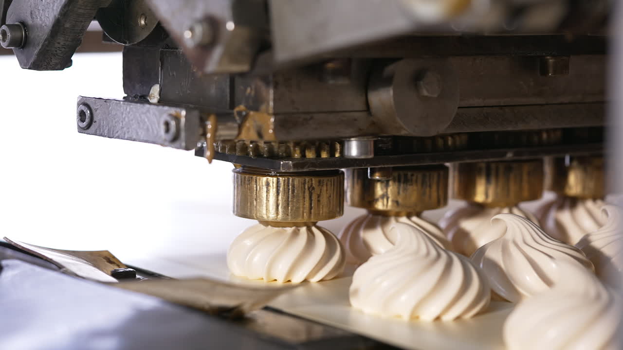 Few metal nozzles rotate and squeeze creamy marshmallows on conveyor belt. Automated line for desserts manufacturing. Close up.