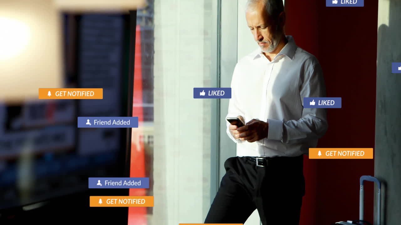 Using smartphone, businessman receiving social media notifications in office animation