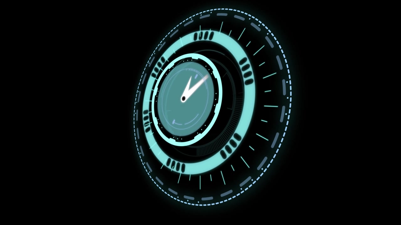 Animation of neon ticking clock over round scanner against black background