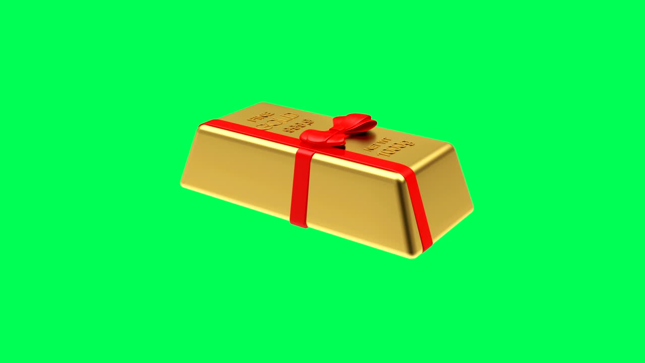 animación 3d de la rotación de la barra de regalos de oro en la pantalla verde. 4k