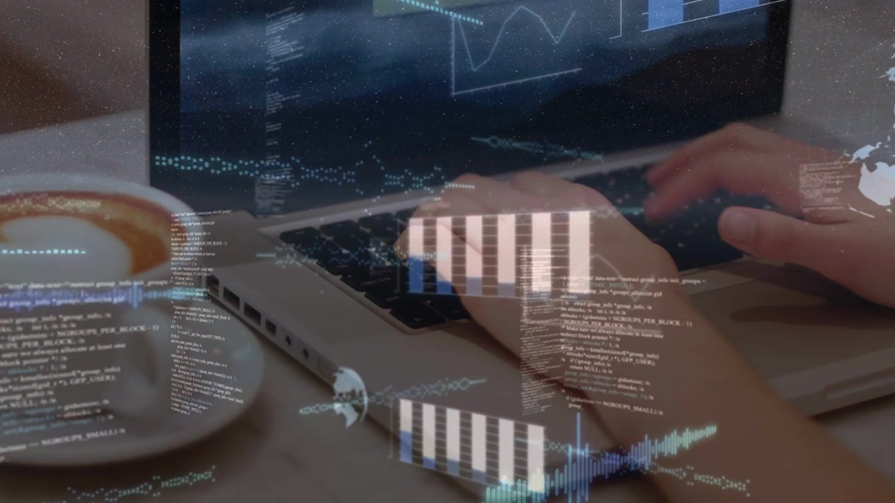 Hands typing laptop, generating analytics overlays over keys and screen: charts, waves, code, globe