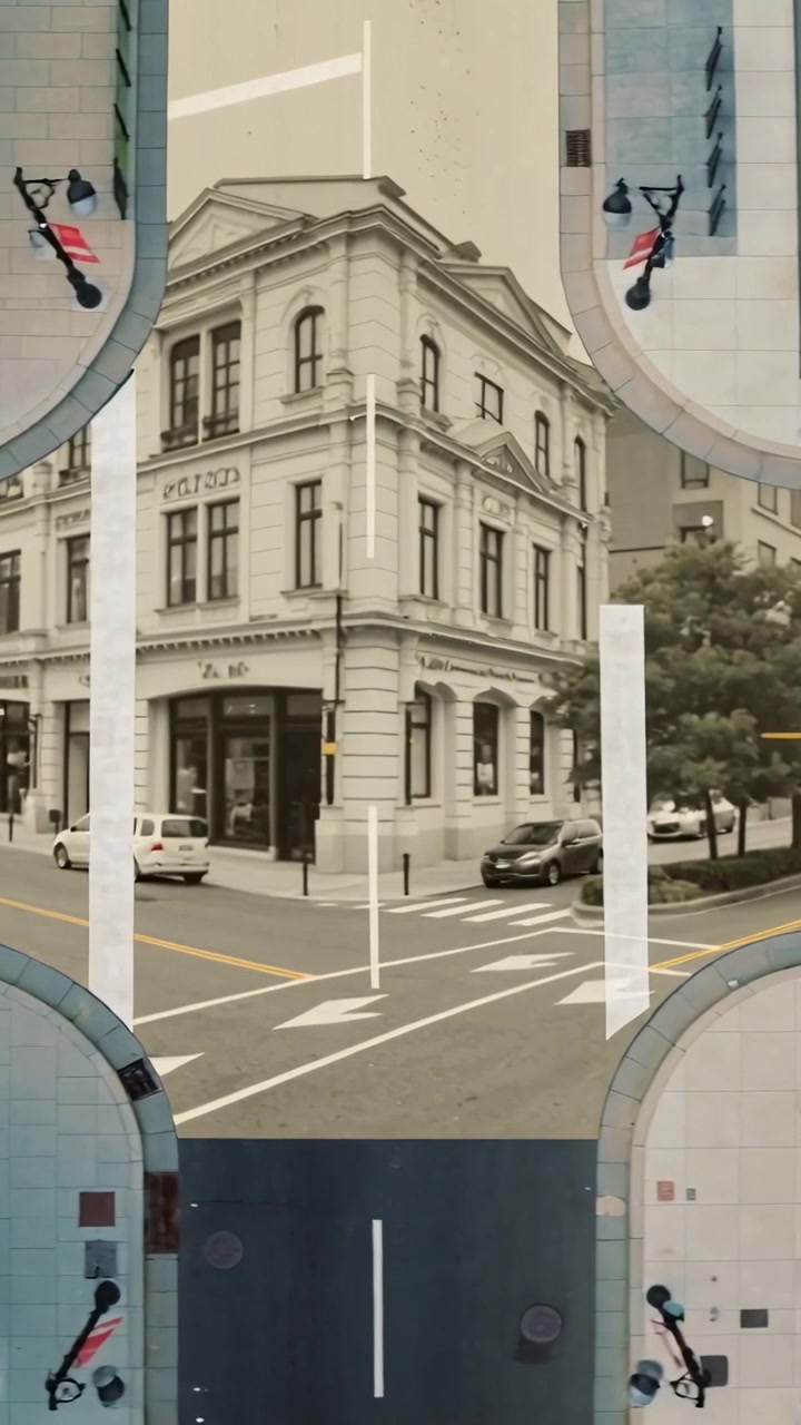 Video verticale: Pannello scorrevole che ruota piastrelle rivelando muratura, angolo di città in vetro che forma un collage.