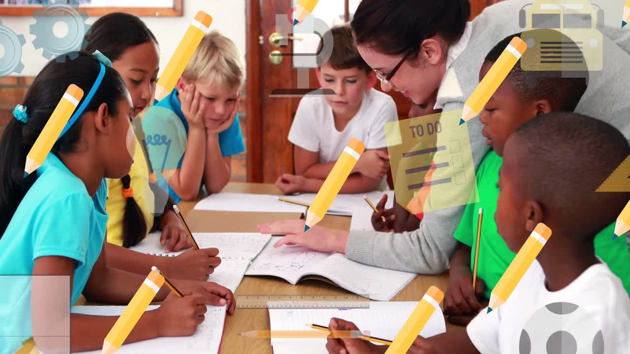 다양한 학생들과 함께 웃는 백인 여성 교사 위에 연필 아이콘의 애니메이션