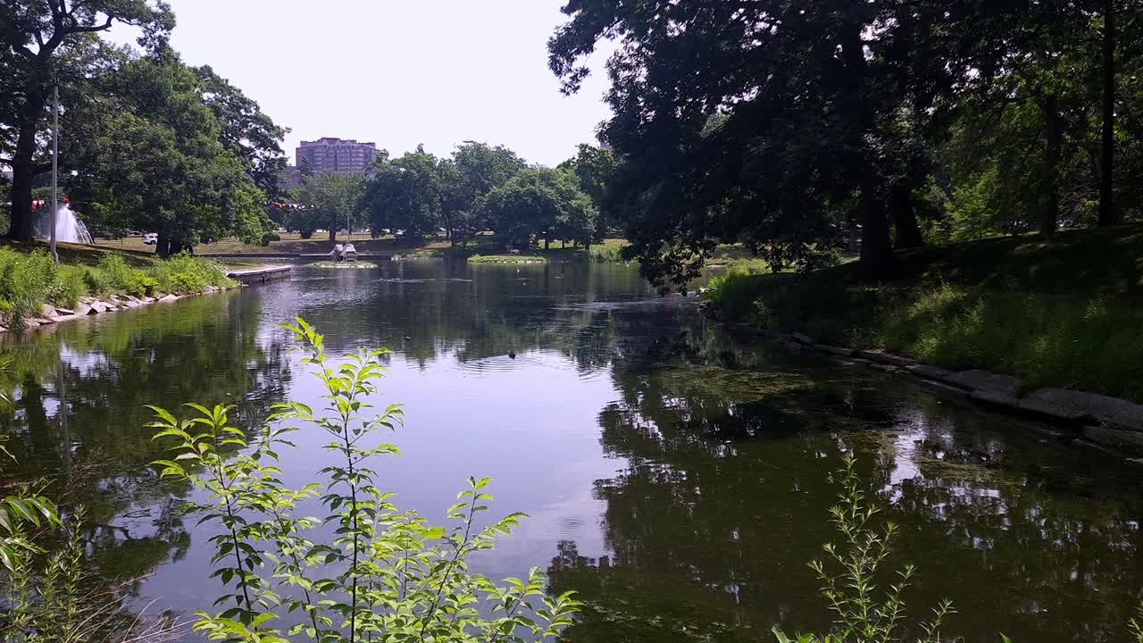 deering oaks park muestra el lago y la fuente y los árboles en portland, maine