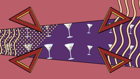 animation of spinning shapes over cocktail glasses on purple background