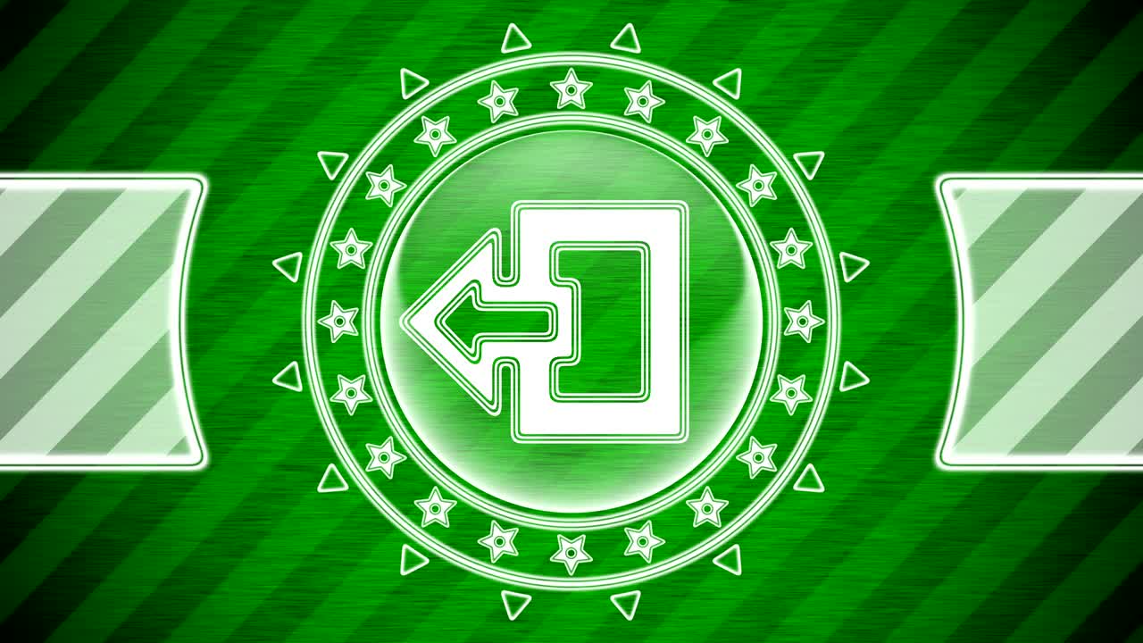 서클 모양의 출구 아이콘과 녹색 줄무 배경.