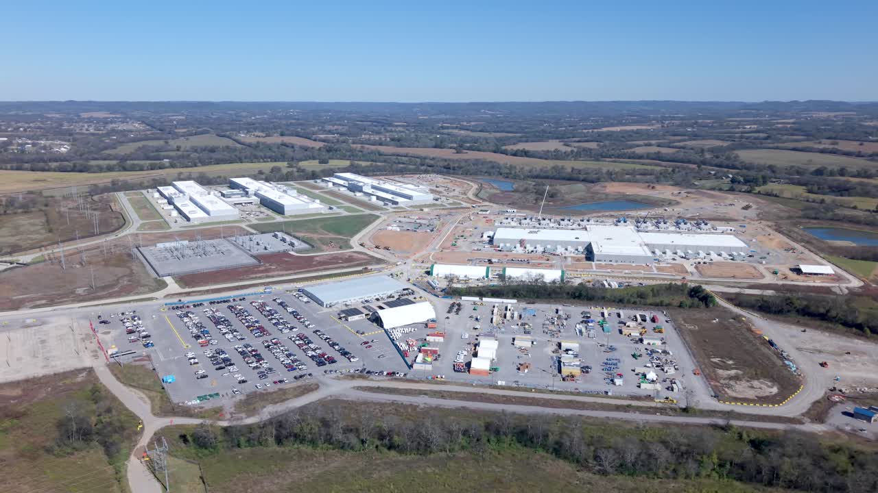 Multiple Data Centers including Meta Data facility in Tennessee, wide landscape aerial view on clear day