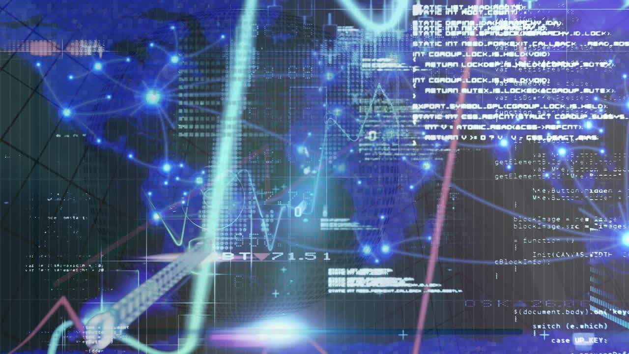 파란색과 검은색 화면에서 데이터 처리를 통해 그래프와 금융 데이터의 애니메이션