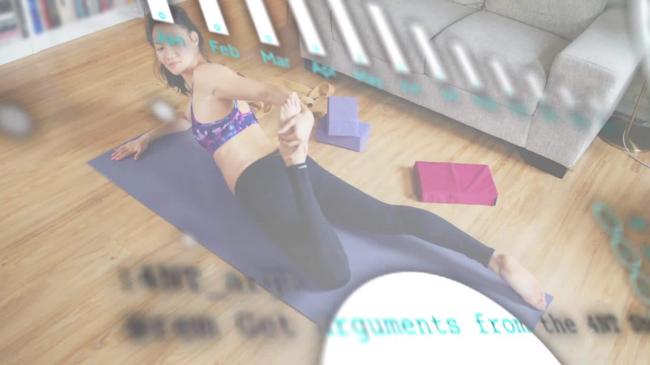 Woman on yoga mat inhaling, lifting into locust, then quad stretch with animated guides for fitness