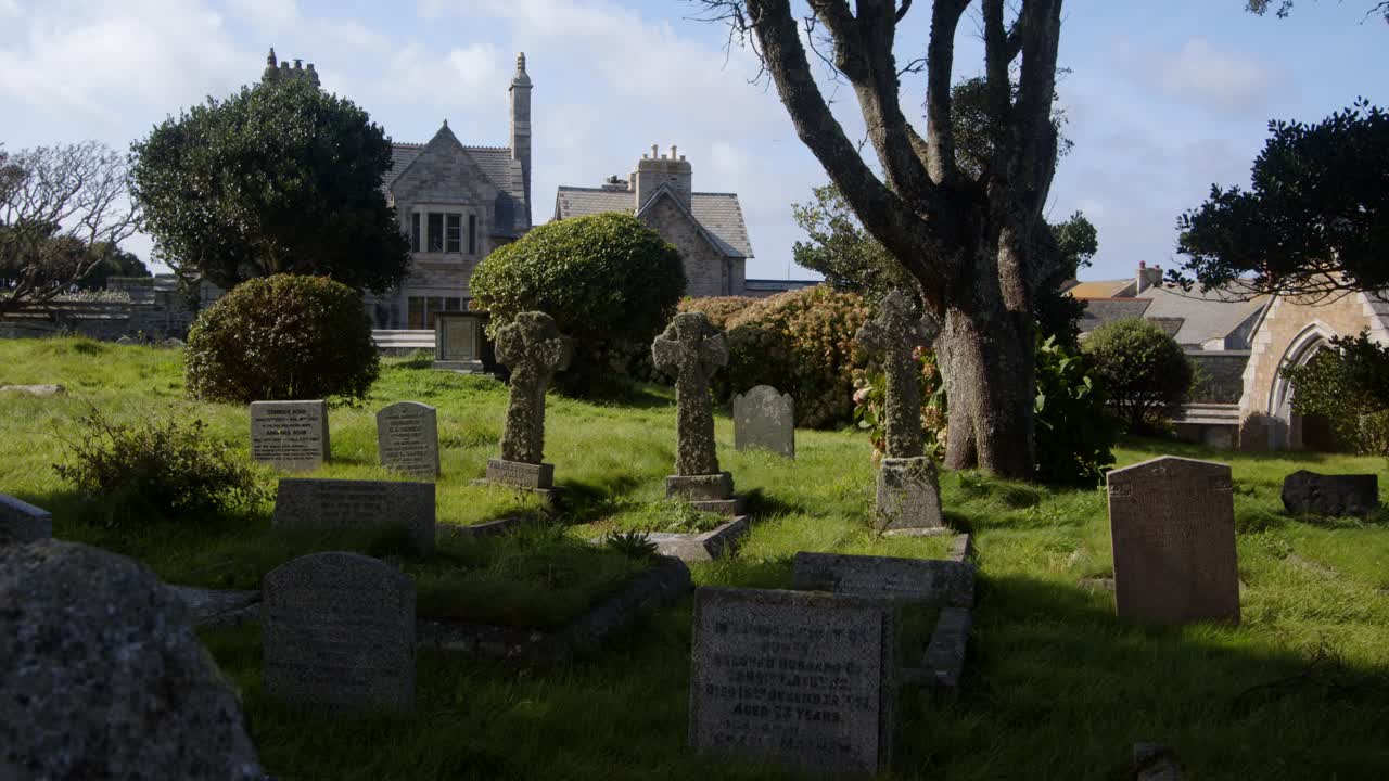 Wide shot of church graveyard on Saint Michael's mount