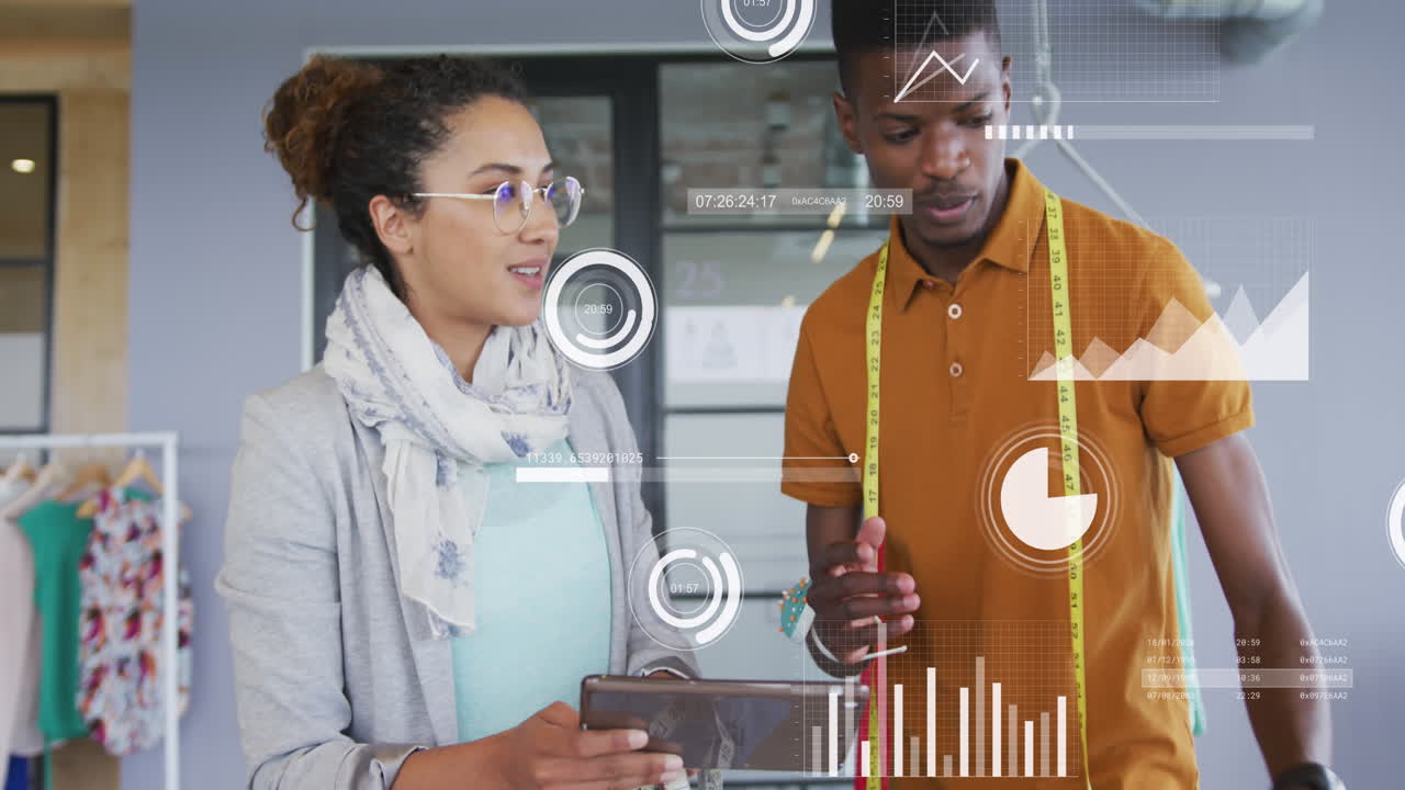 Animation of financial data processing over diverse business people in office