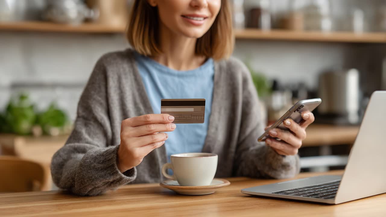 A woman enjoys coffee while holding a credit card and using her smartphone, illustrating the concept of online shopping and digital payments in a cozy café environment