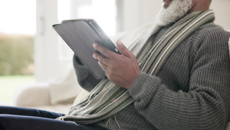 mature, man and tablet scroll in home closeup