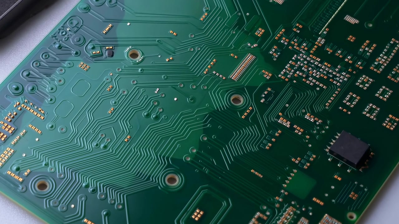 Static technical closeup shows green circuit board with fine copper pathways, tiny surface mounted parts, plated holes, dark chip, shallow focus, and clean industrial mood on pale surface