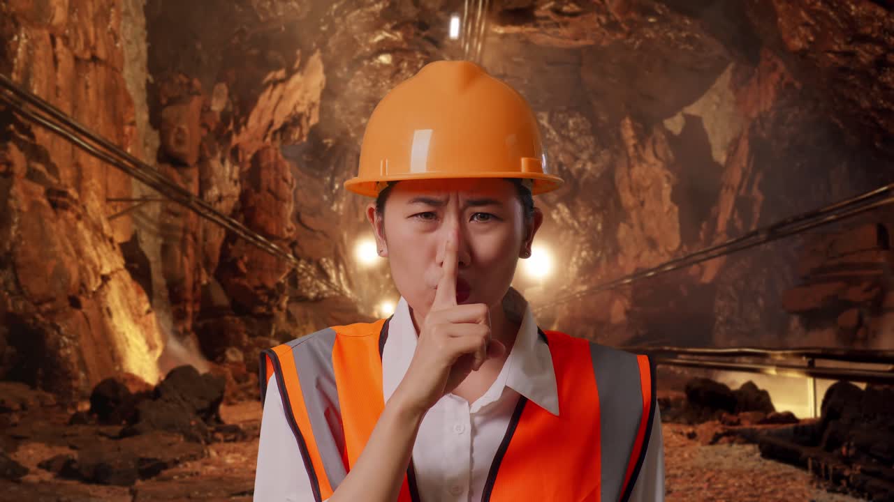 Close Up Of Asian Female Engineer With Safety Helmet Making Shh Gesture In Underground Mine Tunnel