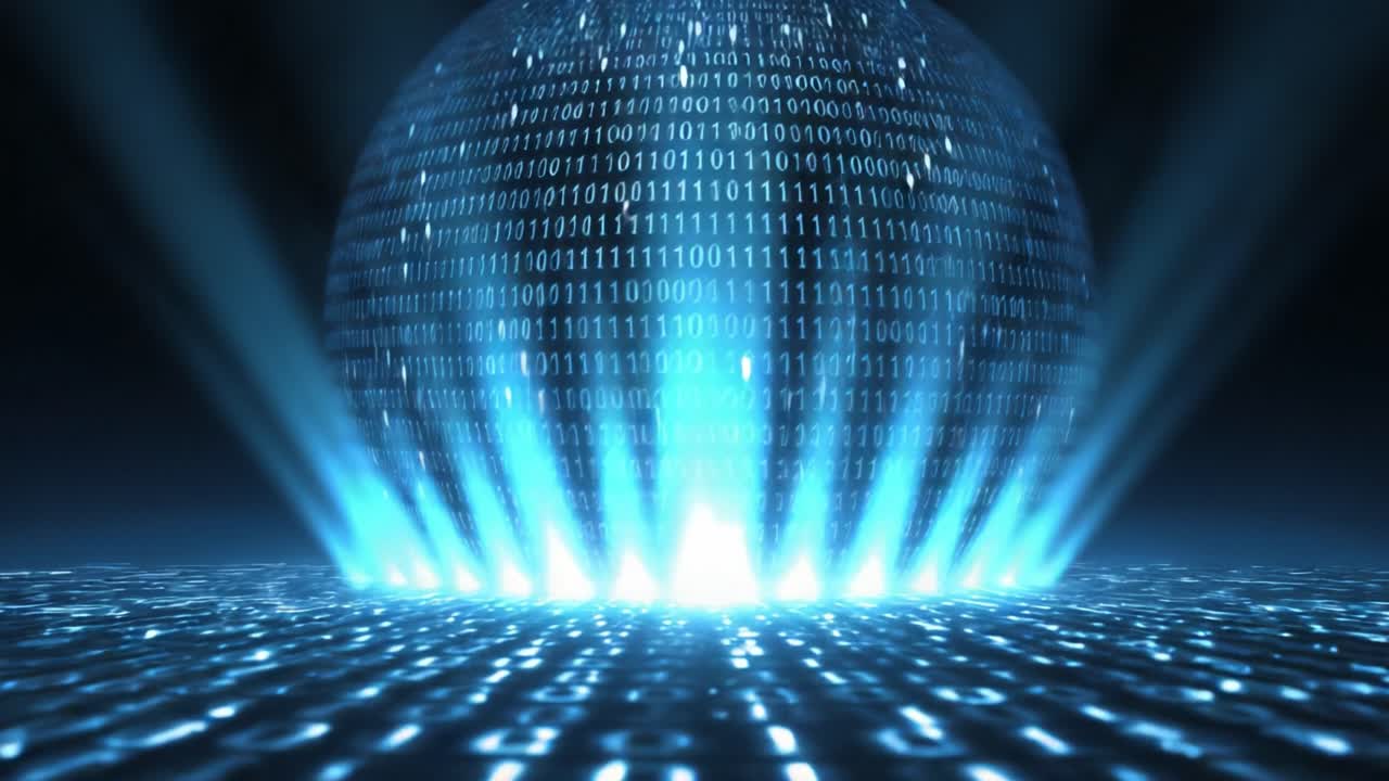 Digital sphere made of binary code transferring data streams with bright blue light rays. Concept of big data, global network, internet technology, and futuristic computer communication